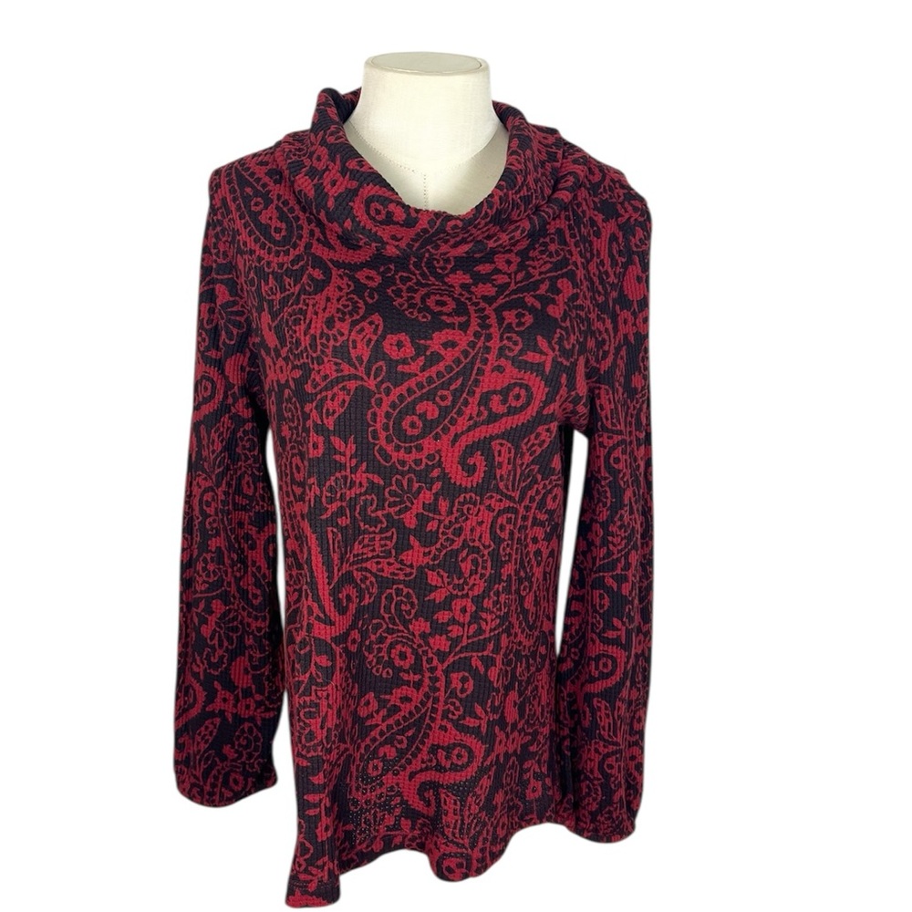 Soft Surroundings Size M Kendra‎ Waffle Knit Top Red Black Paisley Cowl Neck